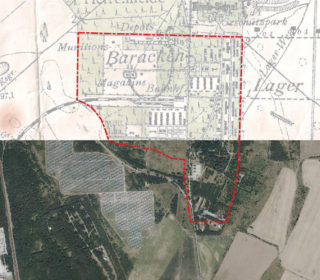 Lokalisierung eines ehemaligen Militärlagers durch Überlagerung einer historischen Karte von 1904 und eines aktuellen Luftbildes vom Geoportal Sachsen.